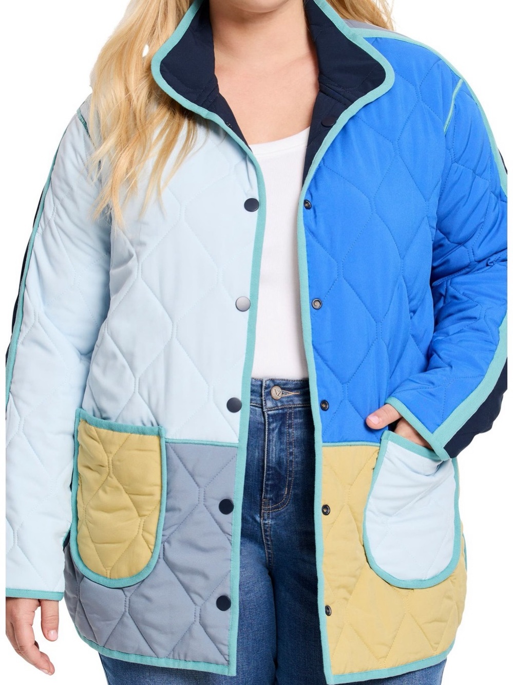 NIC+ZOE Mixed Up Reversible Quilted Coat Jacket Blue/Multi Colorblock Size 1X